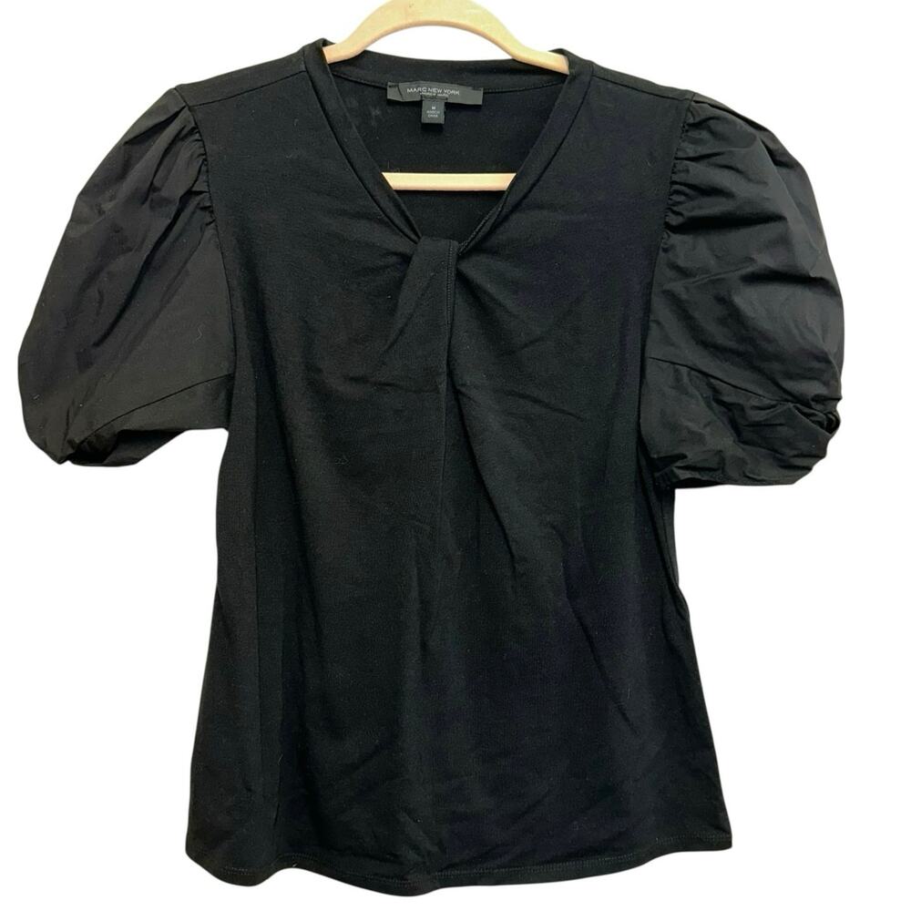 Marc New‎ York Black Puff Sleeve Top V-Neck Blouse Size M Short Sleeve Chic